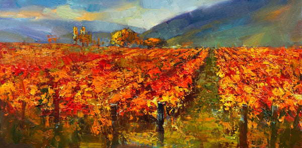 Colorful landscape painting of a vineyard with autumnal colors